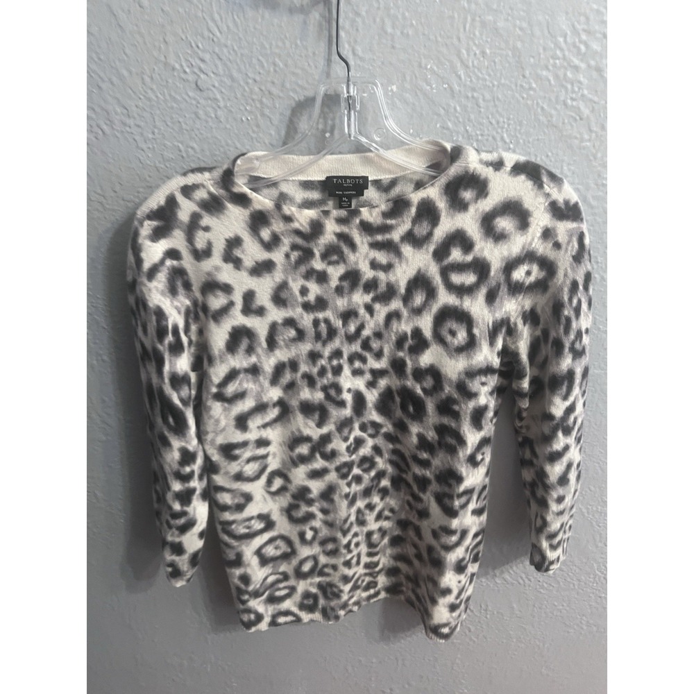 Talbots Pure Cashmere Sweater Women's Animal Print 3/4 Sleeve Size MP‎